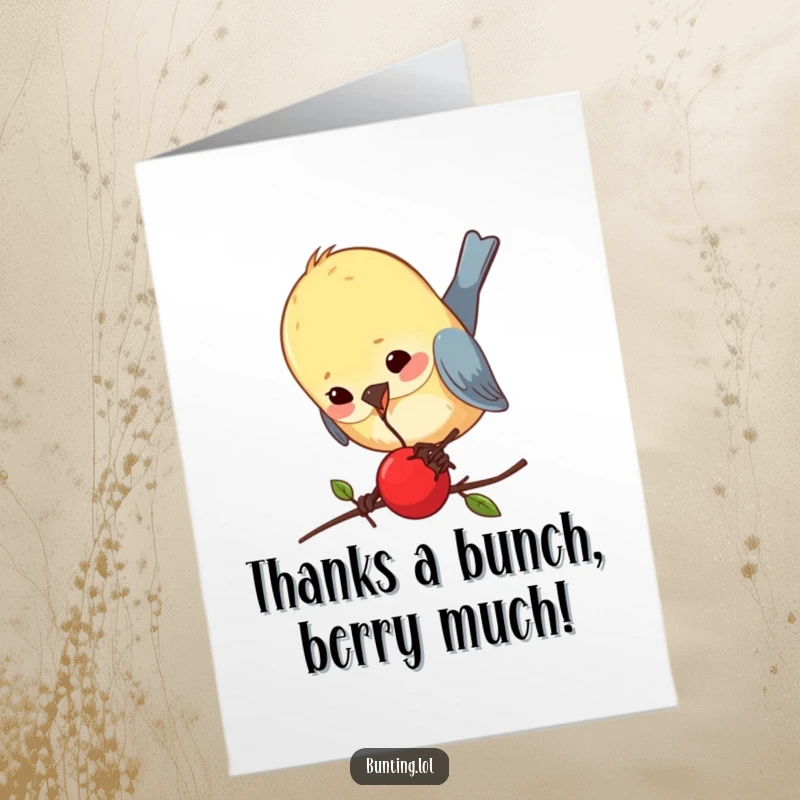Funny Free Printable Thank You Card with a bunting comically pecking a berry, conveying a unique thank you message.