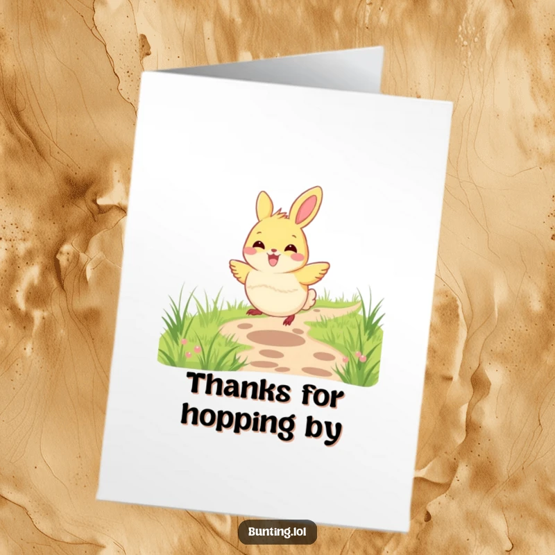 Funny Free Printable Thank You Card: A bunting bird joyfully hops along a grassy path, sending thanks with enthusiasm. Downloadable art.