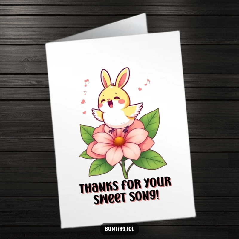 Funny Free Printable Thank You Card: Cute bunting character sings a thankful tune on a bright flower.