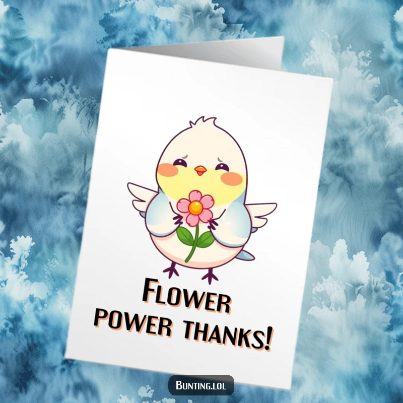 Free Printable Thank You Card: A bunting bird with a warm smile offers a colorful flower, a sweet token of thanks.