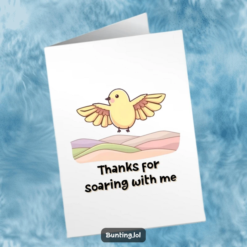 Funny Free Printable Thank You Card: A bunting bird shape with outstretched wings soaring over rolling hills, expressing immense gratitude.