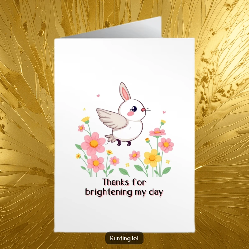Funny Free Printable Thank You Card: A bunting zips through bright flowers, sending thanks with lively energy.