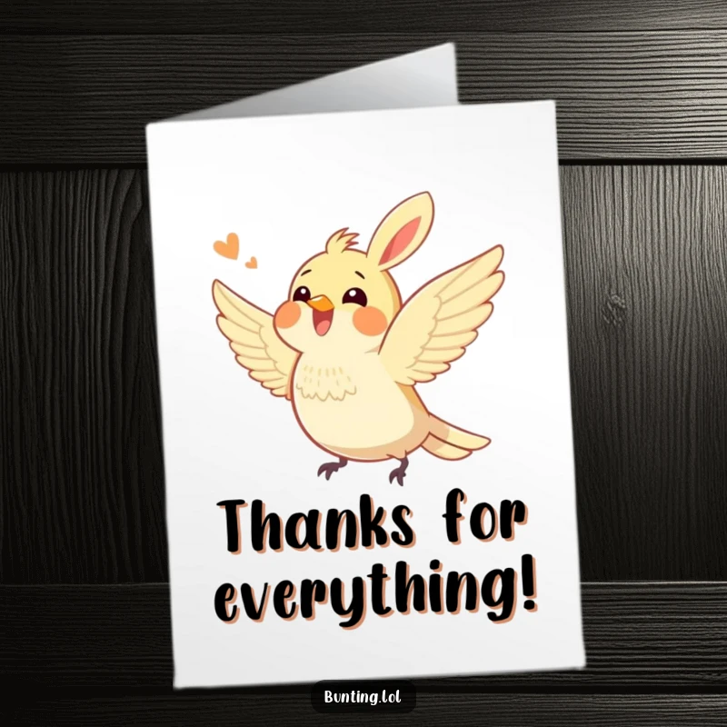 Funny Free Printable Thank You Card: A happy colorful bunting character excitedly fluttering its wings, showing its thanks.