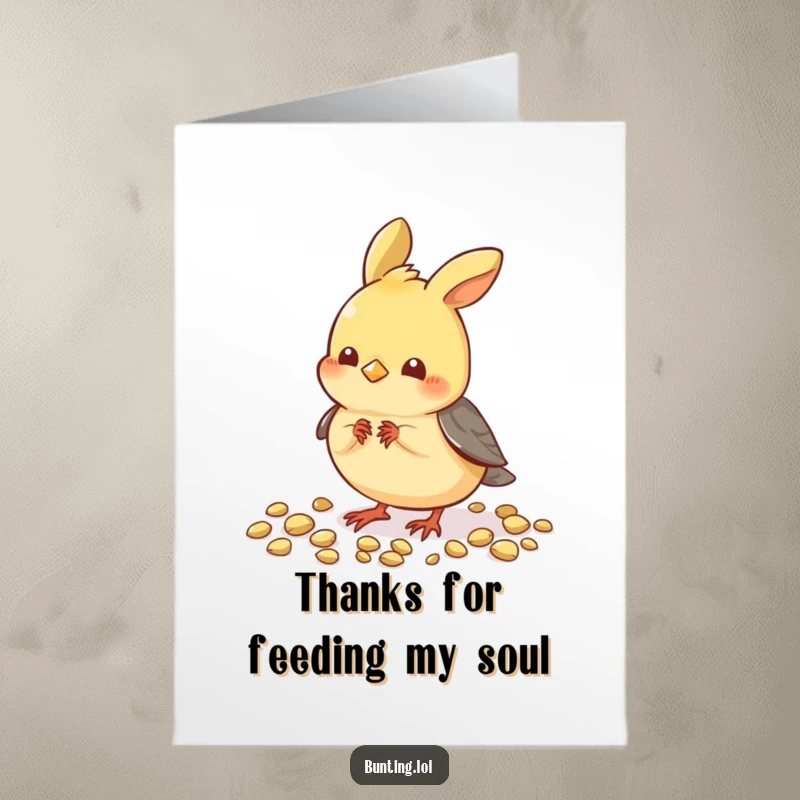 Funny Free Printable Thank You Card depicting a small bunting character playfully pecking at seeds, a tiny gesture of thanks.