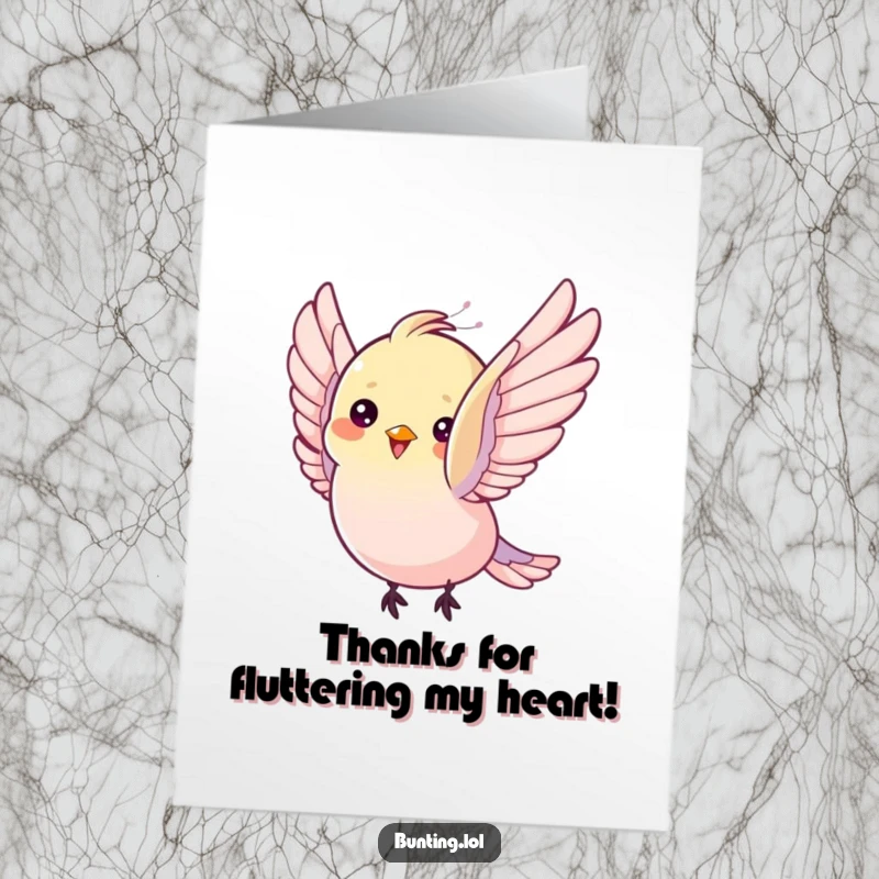Funny Free Printable Thank You Card of a bunting bird fluttering its wings with pure delight, expressing thanks.