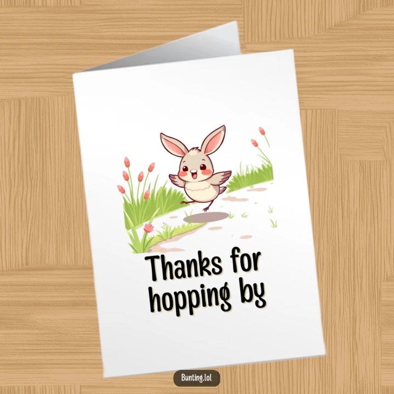 Funny free printable thank you card of a bunting bird joyfully hopping on a grassy path, ideal for a unique DIY gift.
