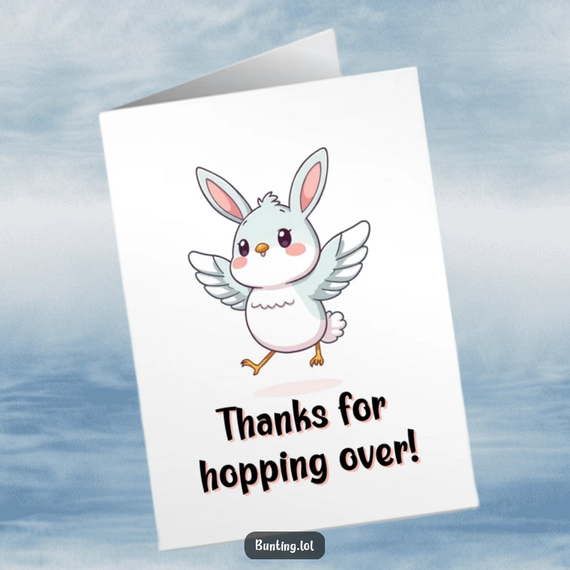 Funny Free Printable Thank You Card: Energetic bunting character hops with its wings spread, conveying thanks.
