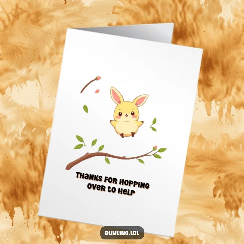 Funny Free Printable Bunting Thank You Card: Bird energetically hopping between twigs, offering thanks, downloadable art.