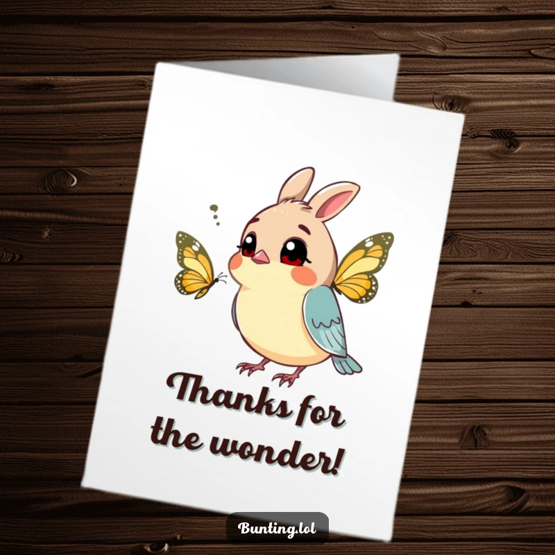Funny Free Printable Thank You Card: A curious bunting tilts its head, wondering about a passing butterfly, a unique thanks.
