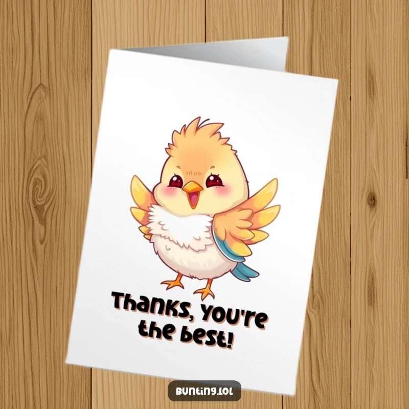 Funny Free Printable Thank You Card: A colorful bunting character playfully fluffing its feathers, conveying thanks with charm.
