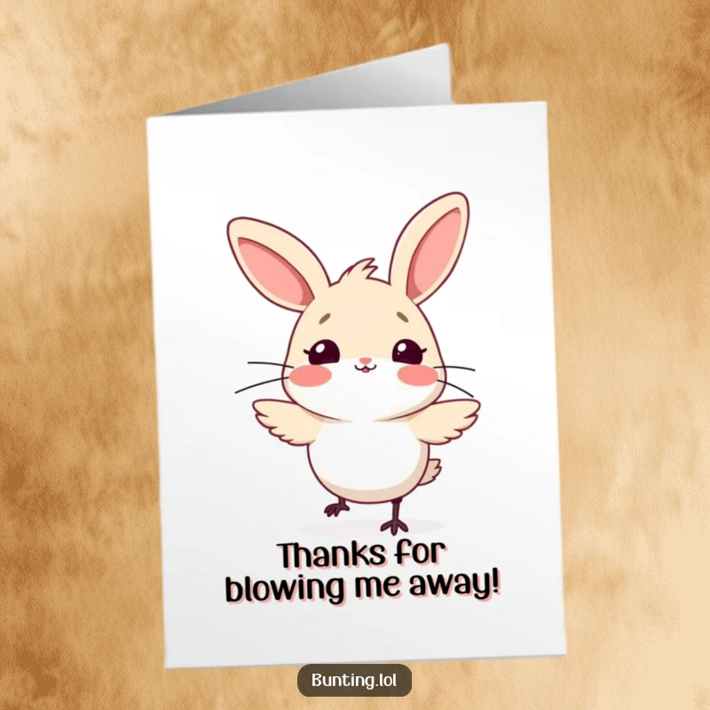 Funny Free Printable Bunting Thank You Card: A cute bird looking surprised, feathers ruffled by an unexpected gust of wind.