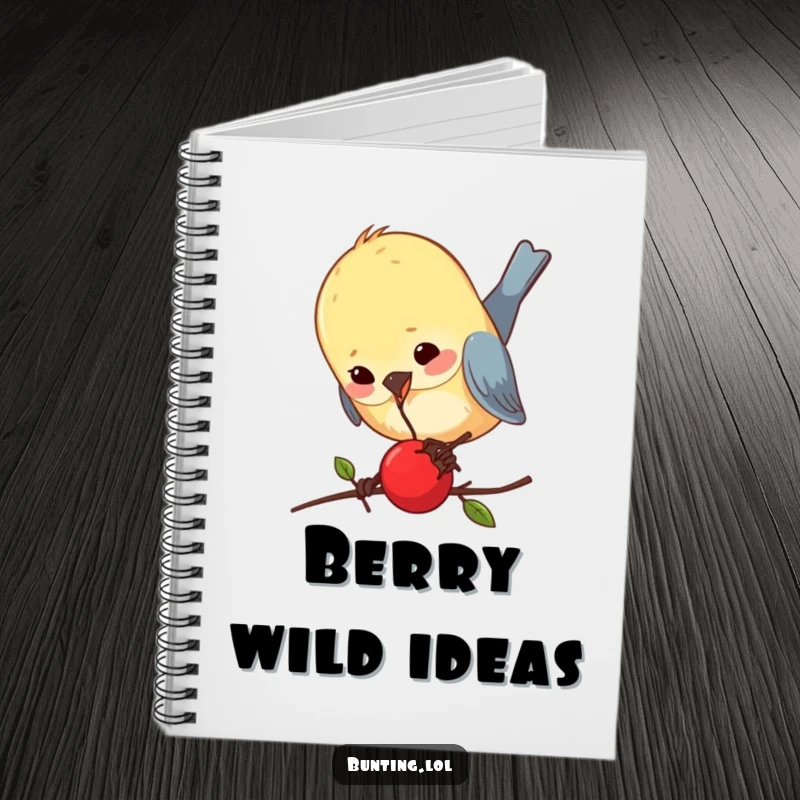 Funny bunting notebook with a bird comically pecking a tiny berry, designed for jotting down notes and funny ideas.