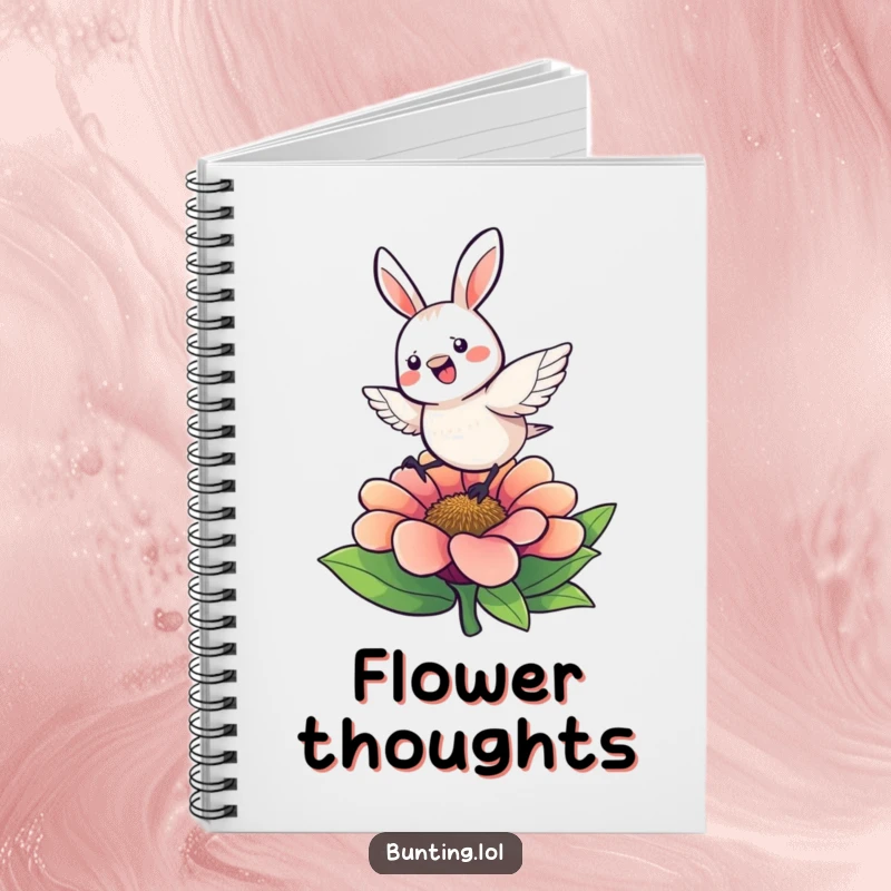 Funny Notebook featuring a cute bunting character hopping energetically on a flower, perfect for jotting down lively ideas.