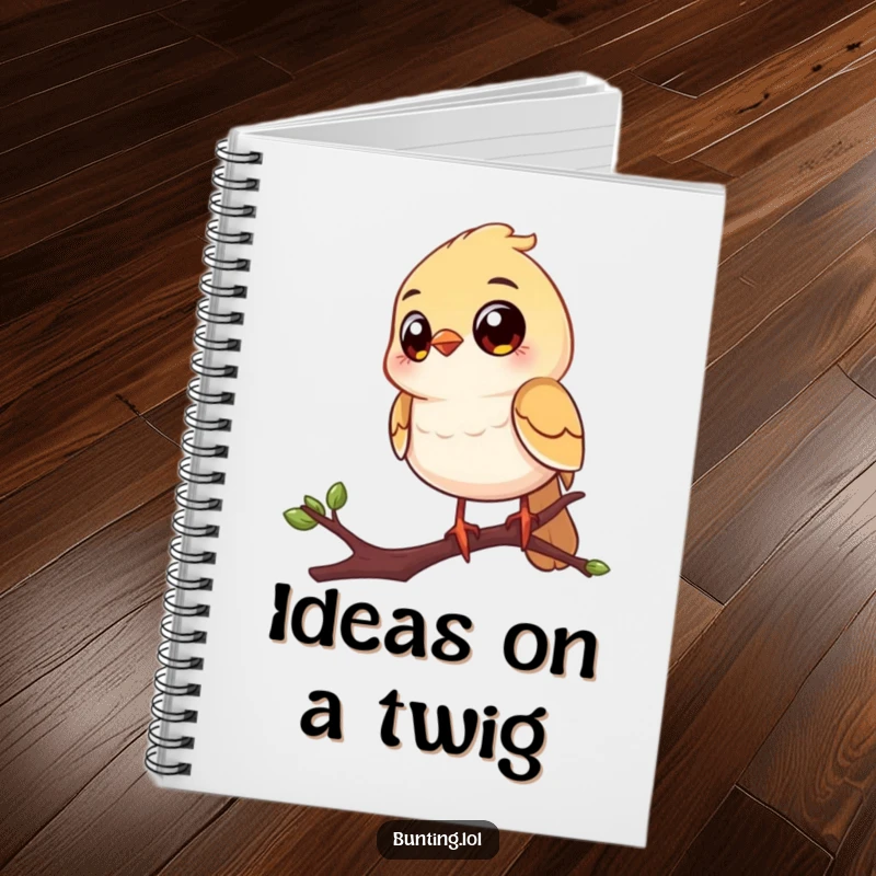 Funny notebook featuring a cheerful bird with large eyes, perched on a twig, observing and jotting down notes humorously.