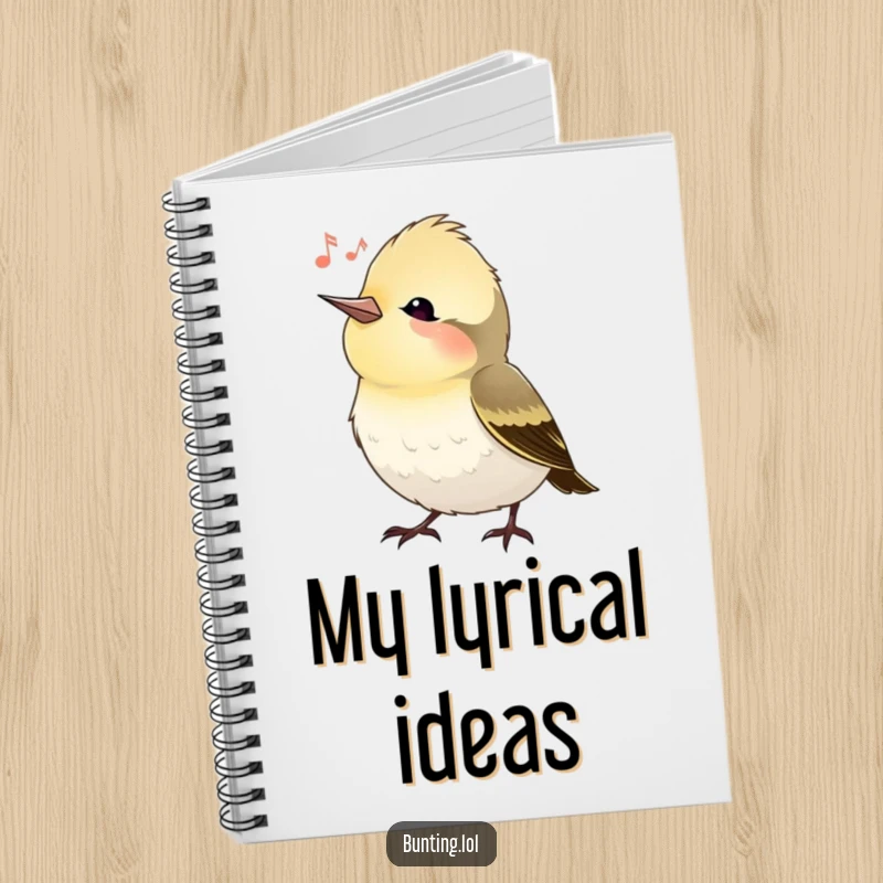 Funny bunting bird notebook with a bird tilting its head, listening design, perfect for writing creatively and as a humorous funny gift.