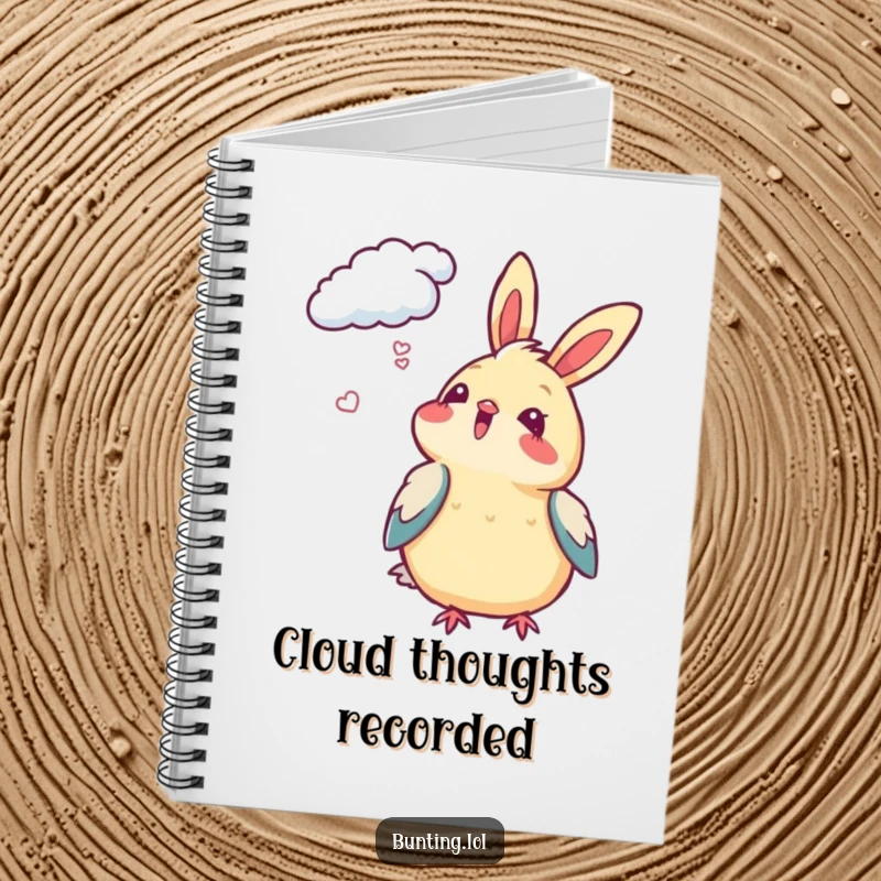 Funny Bunting Notebook with a bird looking up at clouds, ideal for jotting down thoughts and dreams.