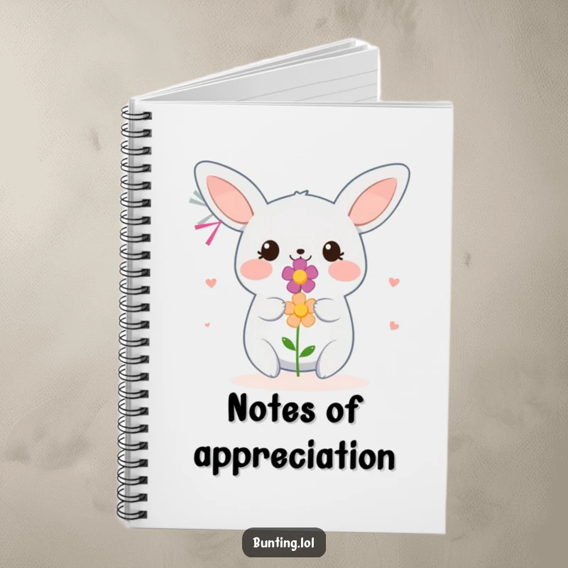 Funny Bunting Notebook with a bird offering a flower, ideal for journaling thoughtful ideas and kind notes.