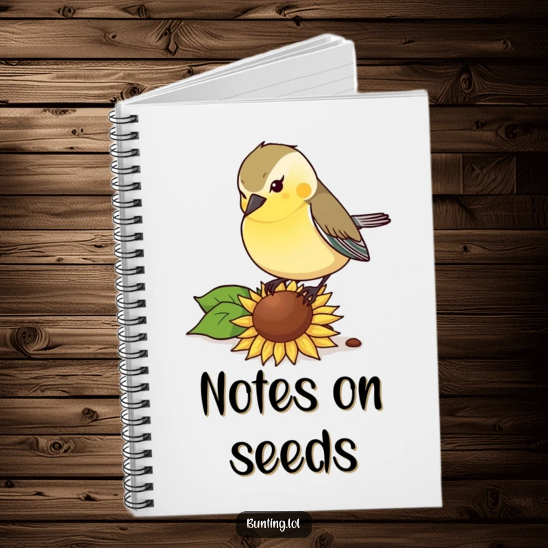 Funny Notebook: Bunting bird pecking with gusto at a sunflower seed, perfect for capturing humorous thoughts.