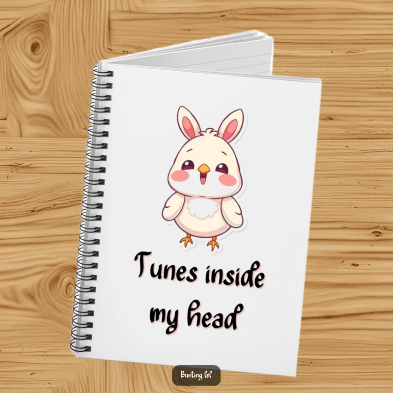 Funny bunting bird character singing with its beak open, on a notebook cover, perfect for capturing musical ideas and thoughts.