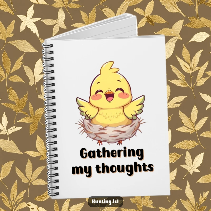 Funny bunting notebook with a bird joyfully gathering nesting material, designed for jotting down creative ideas and plans.