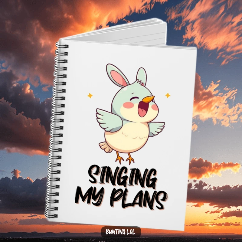 Funny bunting notebook with a cute bird character cheerfully singing with its beak open, designed for jotting down lyrics and ideas.
