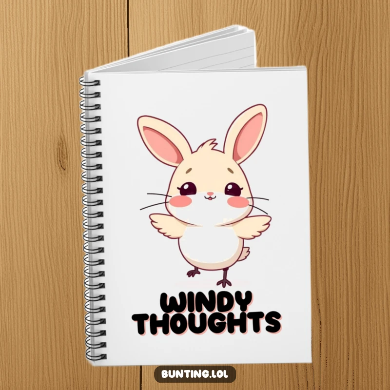 Funny bunting bird notebook, comically surprised by a gust of wind, ideal for jotting down notes with a sense of humor.