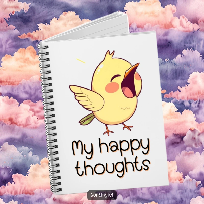 Funny bunting notebook, featuring a happy bird singing with its beak open, perfect for notes and creative expression.