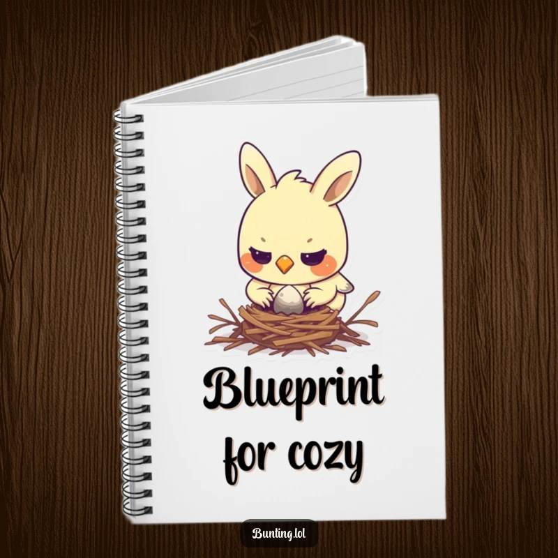 Funny bunting notebook featuring a determined bird diligently building a tiny nest, perfect for organized note-taking with humor.