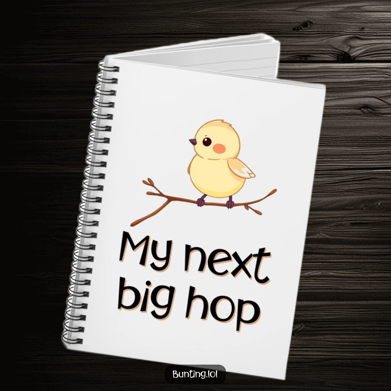 Funny Bunting Notebook featuring a bird hopping on a twig, ideal for jotting down thoughts.