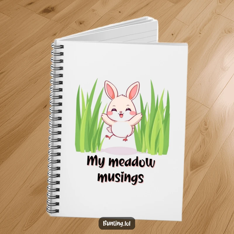 Funny Bunting Notebook featuring a cute bird joyfully hopping among tall blades of grass, perfect for capturing happy thoughts and doodles.