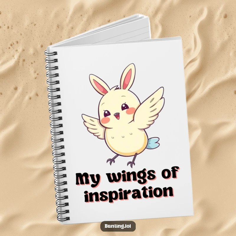 Funny Bunting Notebook featuring a cute bird doing a joyful wing flutter, perfect for jotting down ideas with happiness, a funny gift.