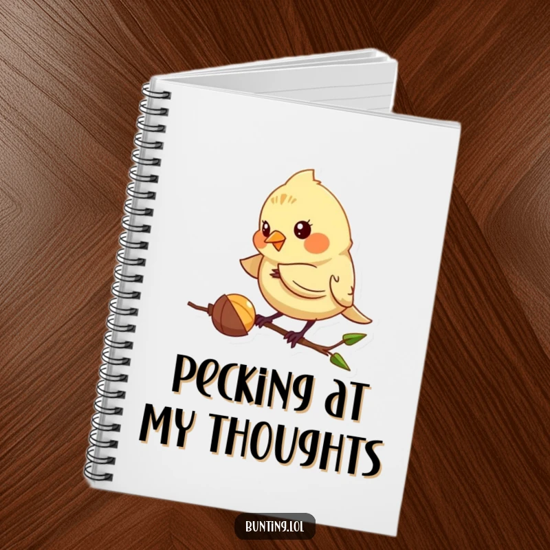 Funny Bunting Notebook featuring a cute bird playfully pecking at a seed, perfect for jotting down ideas with focus, a funny gift.