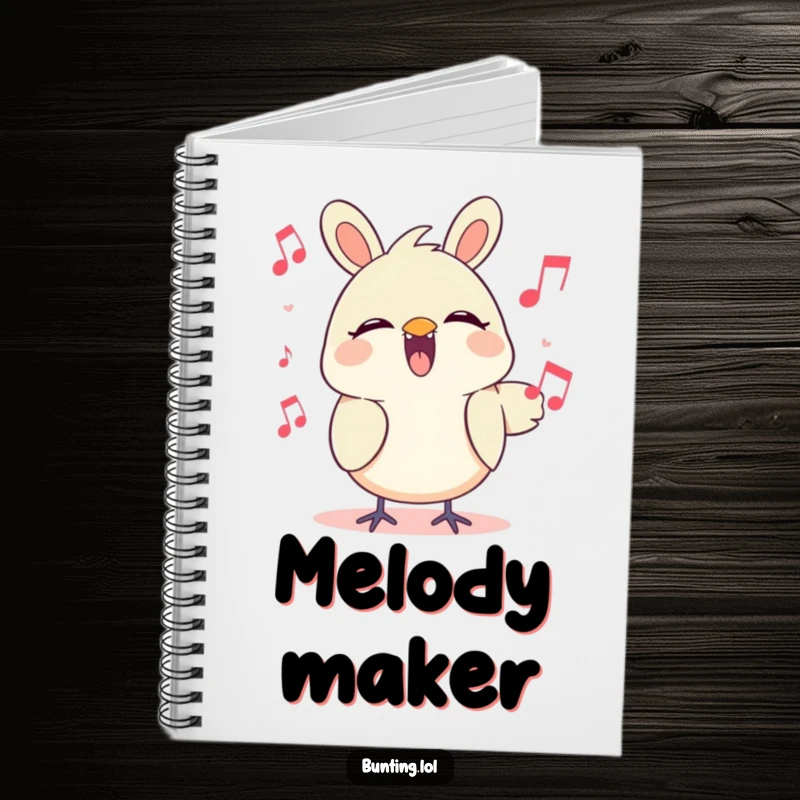 Funny Notebook with a cute bunting character cheerfully singing, perfect for capturing creative thoughts and musical notes.