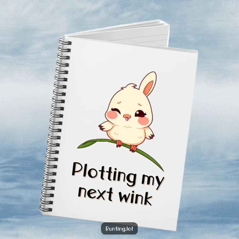 Funny bunting notebook featuring a mischievous bird winking from a blade of grass, perfect for note-taking with humor.