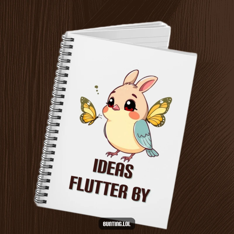 Funny bunting notebook featuring a curious bird tilting its head at a butterfly, perfect for note-taking with wonder and humor.