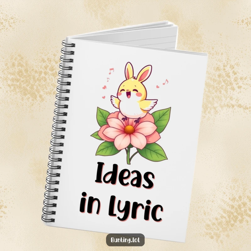 Funny bunting bird singing on a vibrant flower, featured on the cover of a notebook for creative inspiration.