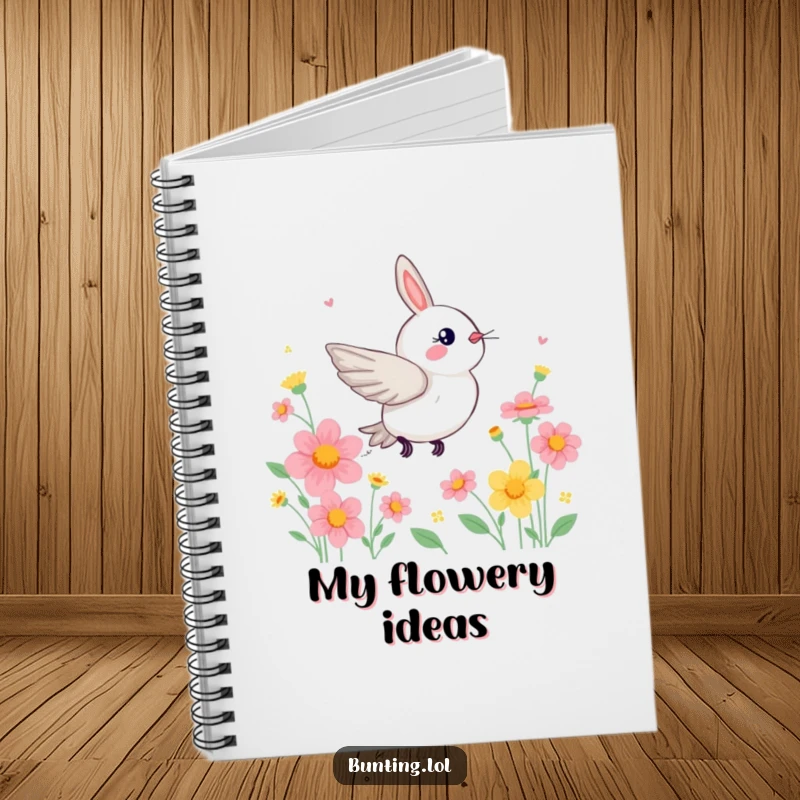 Funny Bunting Notebook featuring a bird zipping through flowers, ideal for notes and ideas.