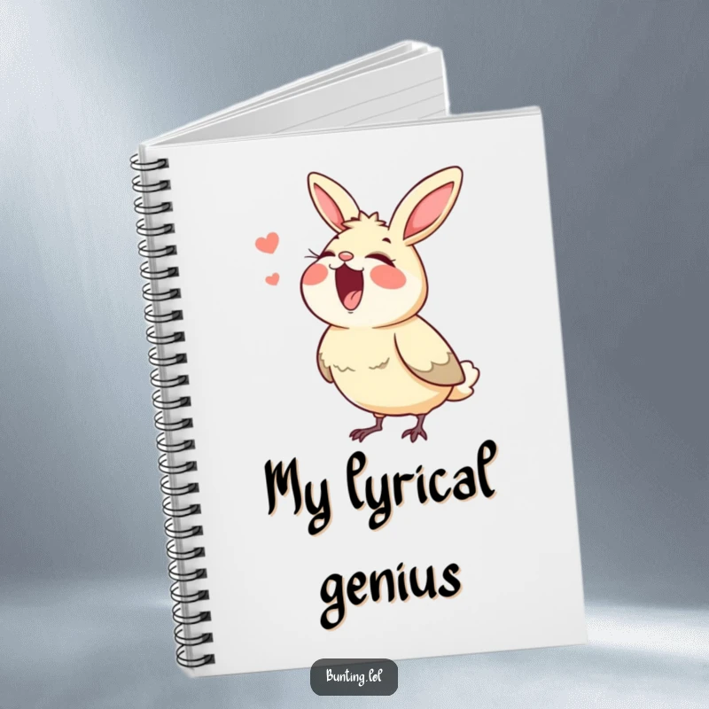 Funny bunting notebook, featuring a bird singing with its beak wide open, perfect for writing music and lyrics.