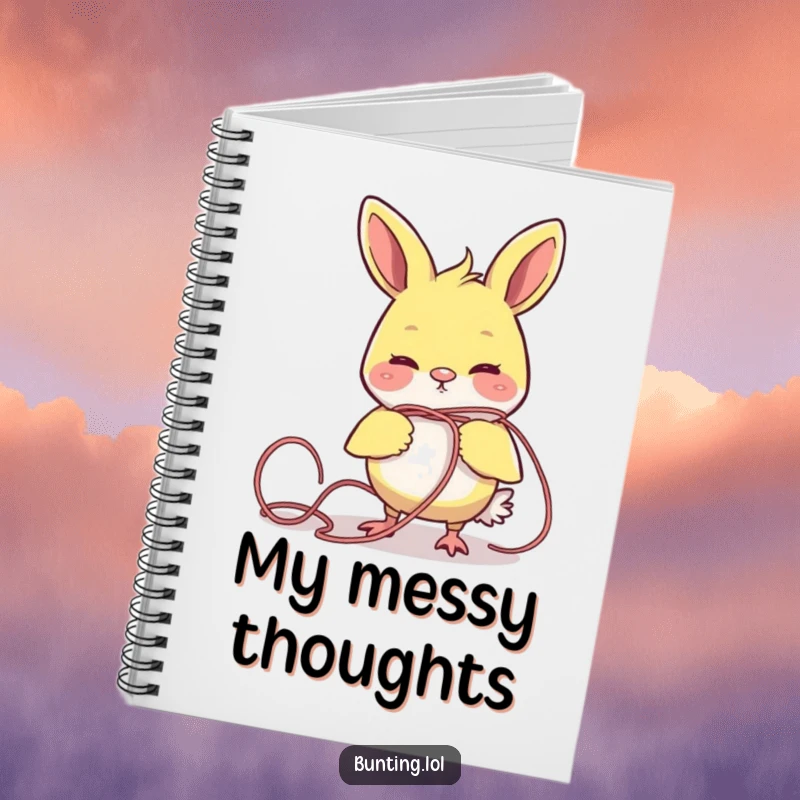 Funny bunting bird comically tangled in yarn, featured on the cover of this humorous notebook.