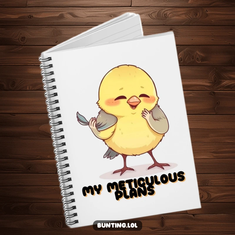 Funny bunting notebook, featuring a bird comically preening its smallest feather, perfect for detailed note-taking.