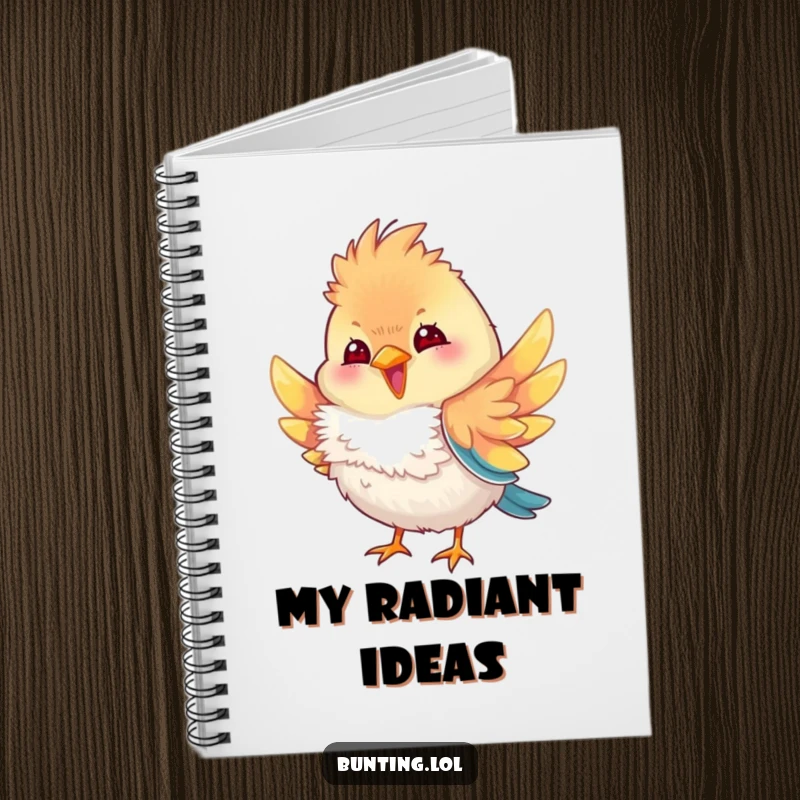 Funny bunting bird notebook featuring a bunting character playfully fluffing its colorful feathers, designed to inspire stylish notes and humorous brainstorming sessions.
