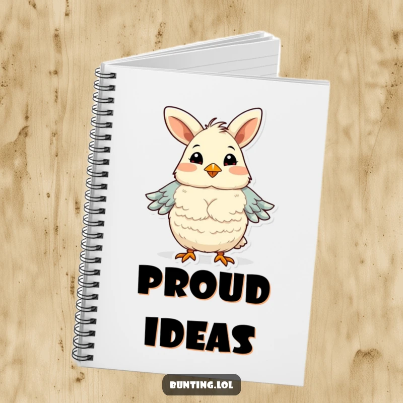 Funny bunting bird notebook, humorously fluffing its chest feathers with pride, ideal for jotting down proud moments.