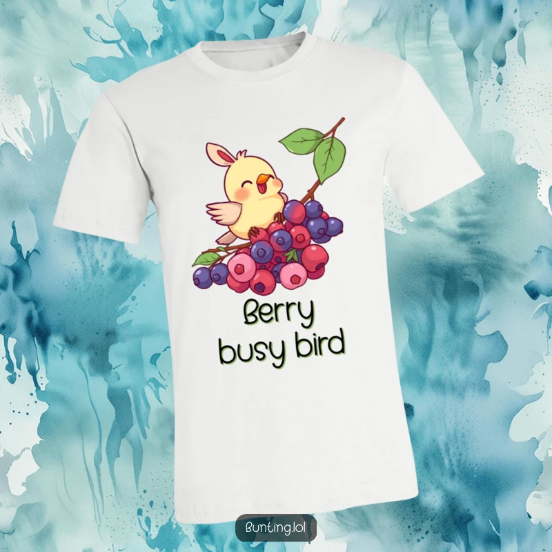Funny bunting bird t-shirt, enthusiastically pecking at a vibrant cluster of berries, showcasing a quirky and humorous avian appetite.