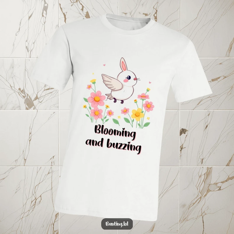 Funny Bunting T-Shirt depicting a bird zipping excitedly through colorful flowers, ideal for vibrant casual wear.