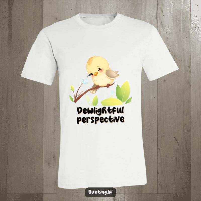 Funny T-Shirt with a cheerful bunting bird engaged in a funny moment, pecking at a shiny dewdrop with adorable focus.