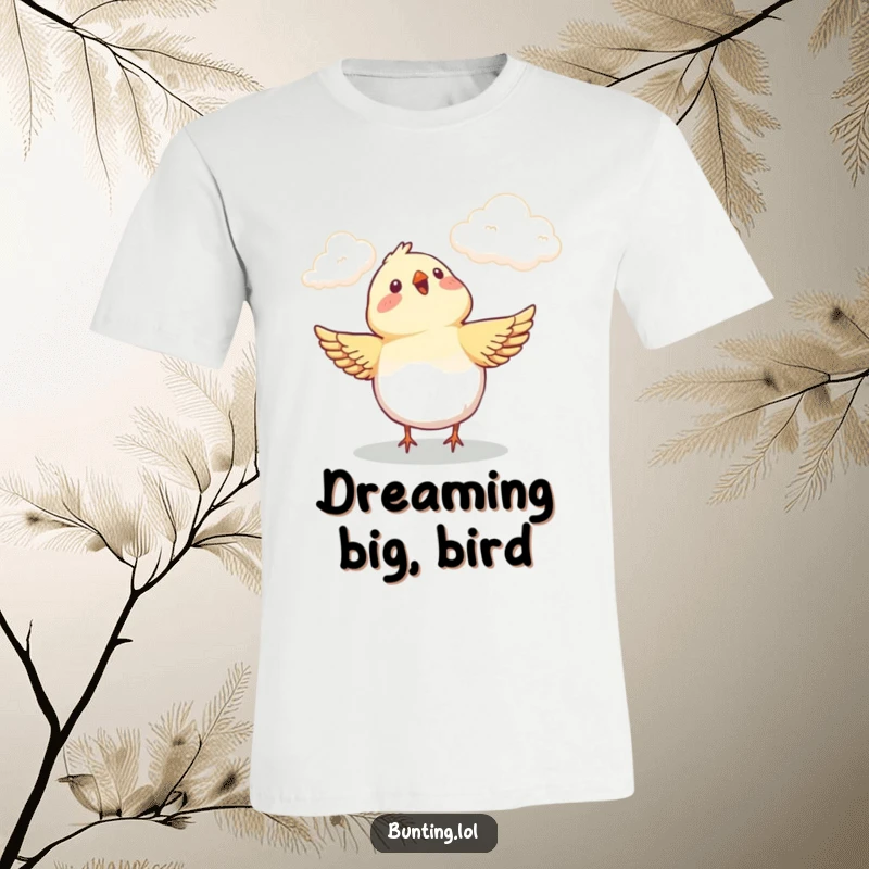 Funny T-Shirt with a happy bunting bird gazing with delight at the clouds, embodying carefree joy and wonder.