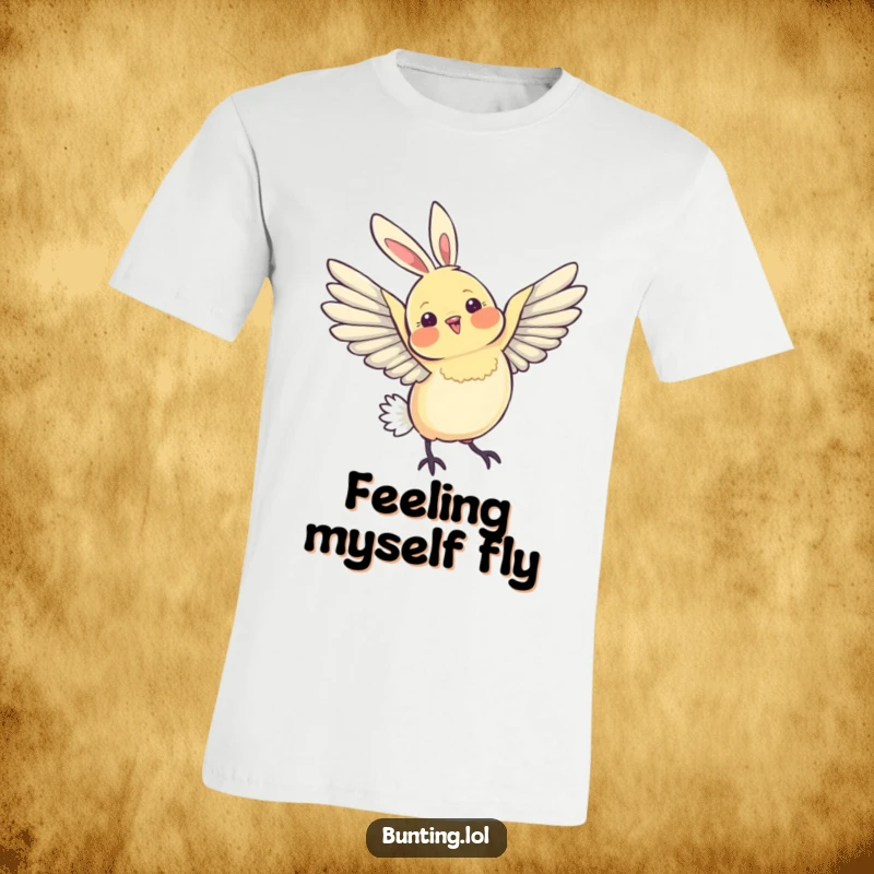 Funny T-Shirt showing a bunting bird in a funny pose, stretching its wings in a graceful arc, symbolizing movement.