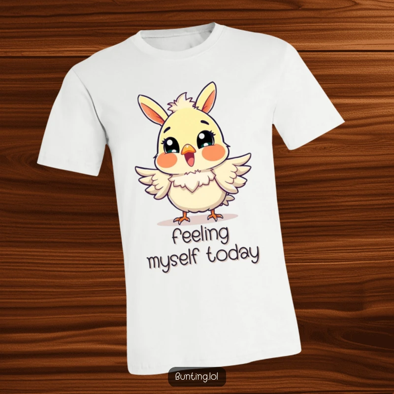 Funny Bunting T-Shirt depicting an excited bird energetically fluffing its feathers, radiating happiness.