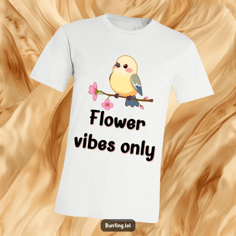 Funny T-Shirt: Bunting bird perching on a delicate flower stem, swaying gently, a picture of humorous serenity.