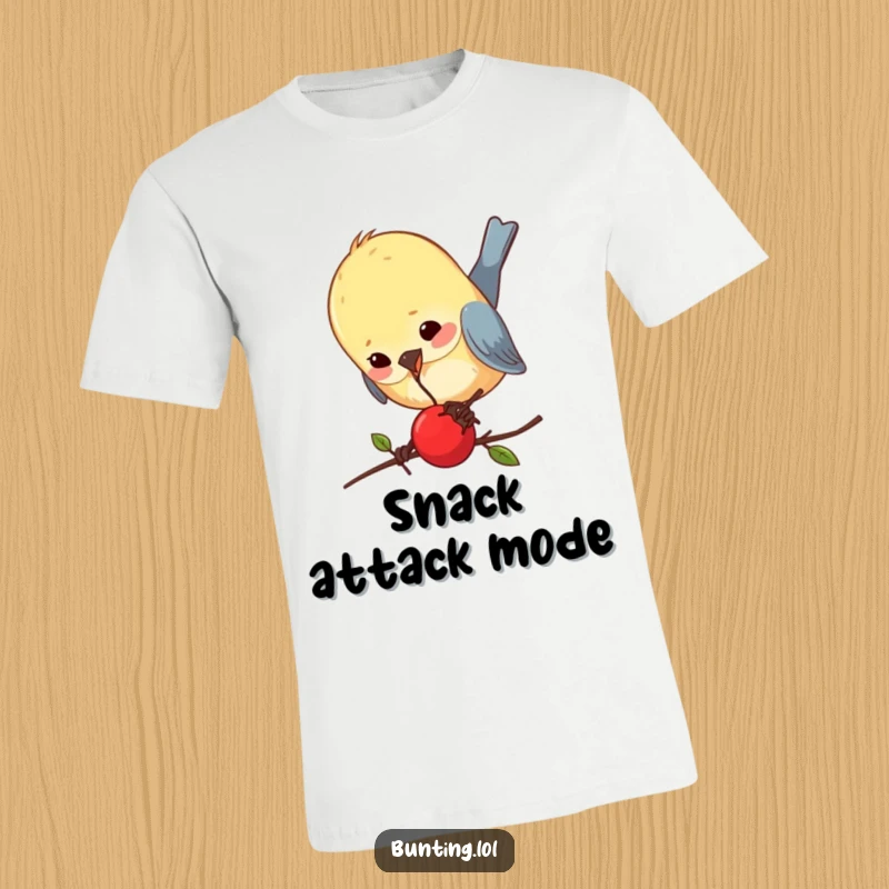 Funny bunting t-shirt illustrating a small bird comically struggling to peck a surprisingly tiny berry, capturing a funny moment.